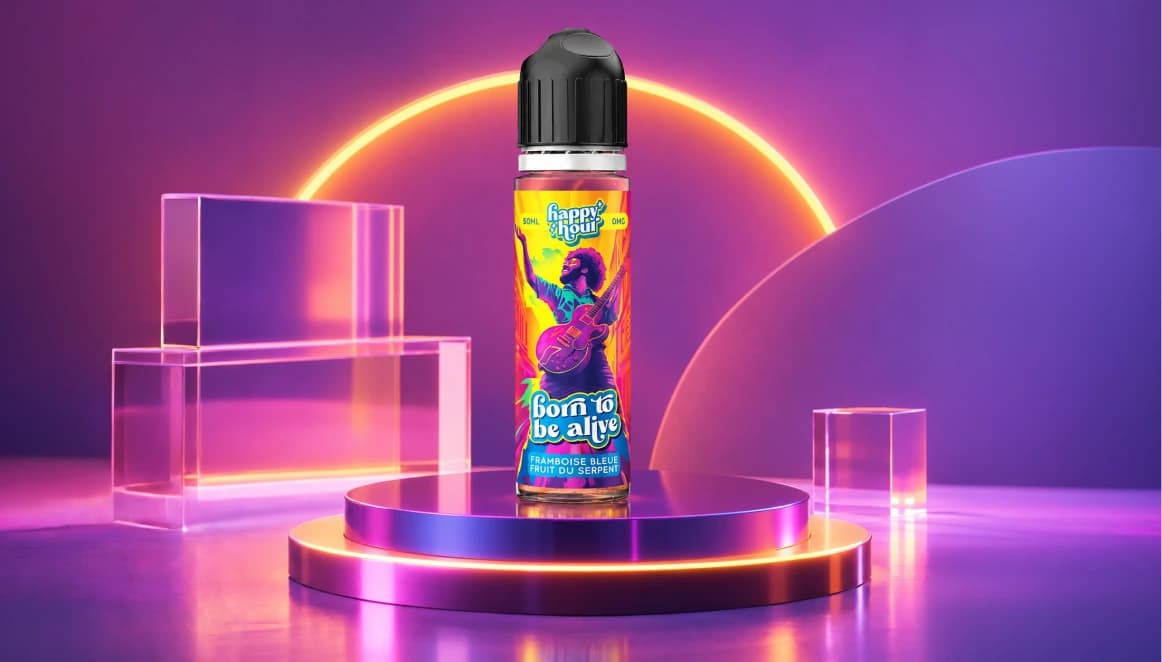 Fiole d’e-liquide Happy Hour « Born to be alive » sur un podium néon dans un décor rétro violet et orange.