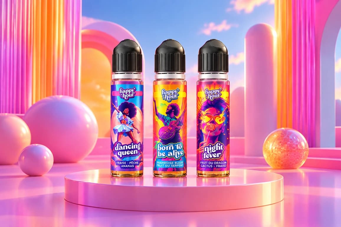 Trois fioles d’e-liquide Happy Hour (Dancing Queen, Born to be alive, Night Fever) sur un podium rose.