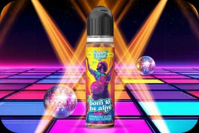 Flacon d'e-liquide Happy Hour dans un décor néon rétro
