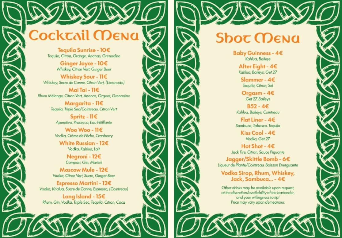 Menus Cocktail et Shot du James Joyce Pub à plat, listes de boissons et prix sur fond crème.
