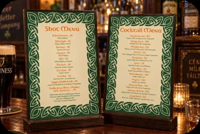 Menus Shot et Cocktail du James Joyce Pub sur un comptoir