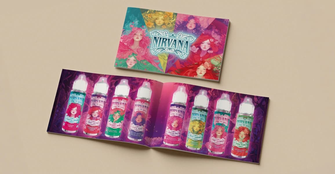 Carte de saveurs Nirvana avec ses fioles d’e-liquide illustrées.