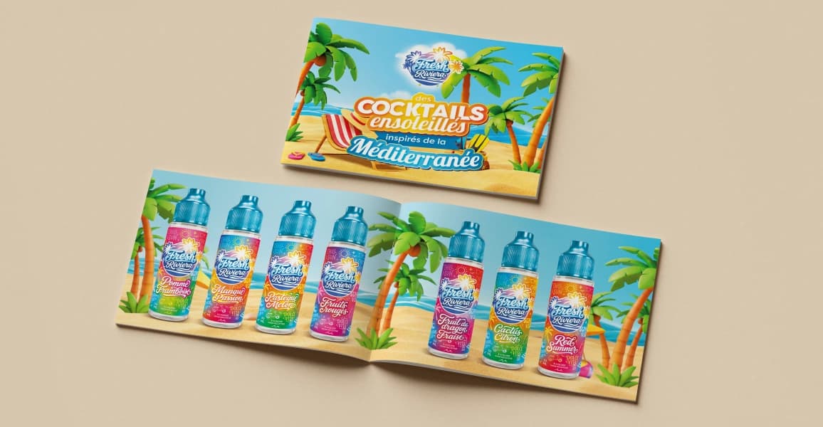 Carte de saveurs Cocktails de la marque Méditerranée et ses fioles colorées.