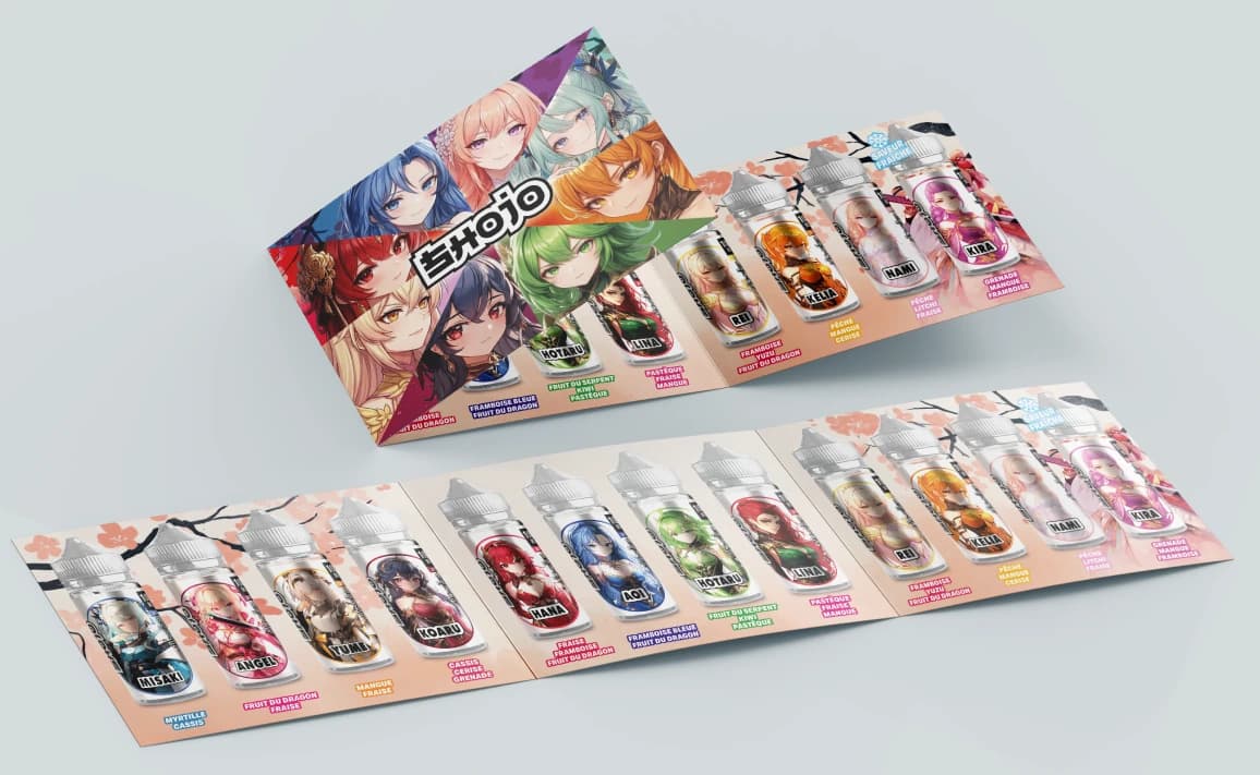 Carte de saveurs Shojo, univers manga, avec ses fioles d’e-liquide.