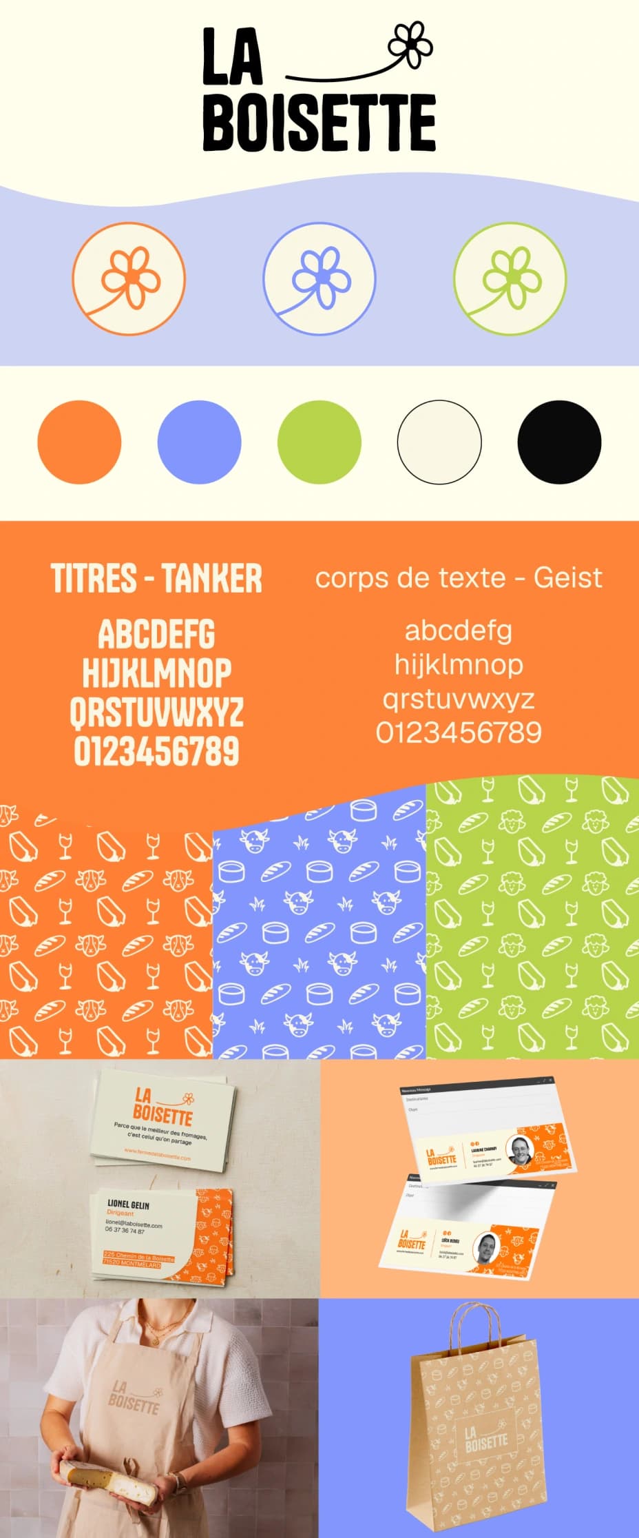 Identité visuelle La Boisette : logo, fleurs, palette orange, bleu et vert, typographies Tanker et Geist, motifs de fromages, cartes de visite, tablier et sac en papier.