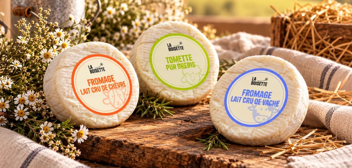 Trois fromages de chèvre et de vache La Boisette avec leurs étiquettes orange, vertes et bleues, sur une planche en bois dans un décor de campagne.