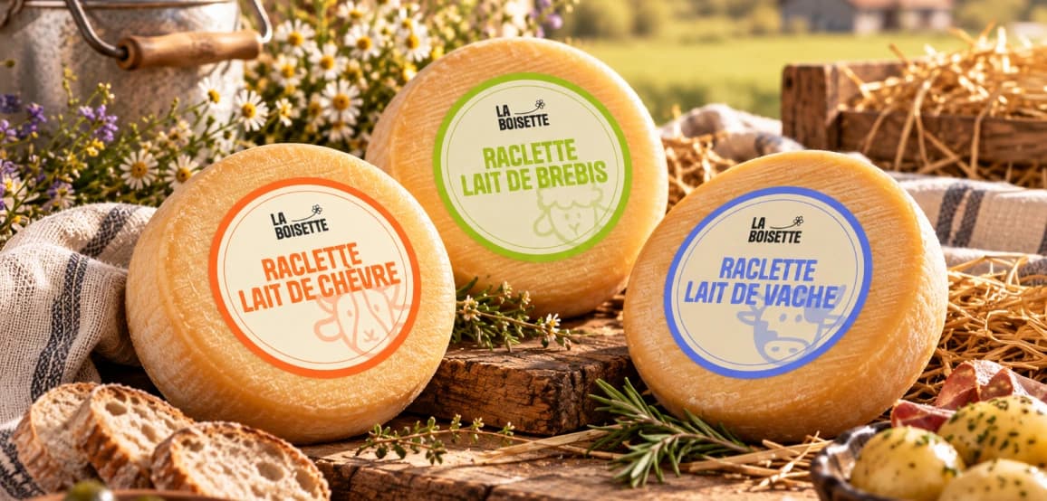 Trois fromages à raclette La Boisette (lait de chèvre, de brebis et de vache) avec leurs étiquettes colorées.