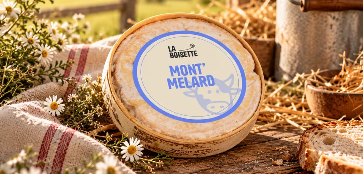 Mont’Melard de La Boisette avec son étiquette bleue, posé sur une planche en bois.