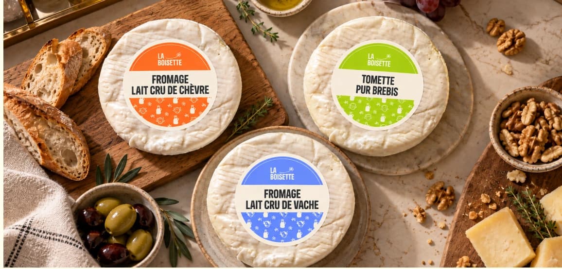 Fromages La Boisette sur une planche de dégustation avec pain, noix et olives.