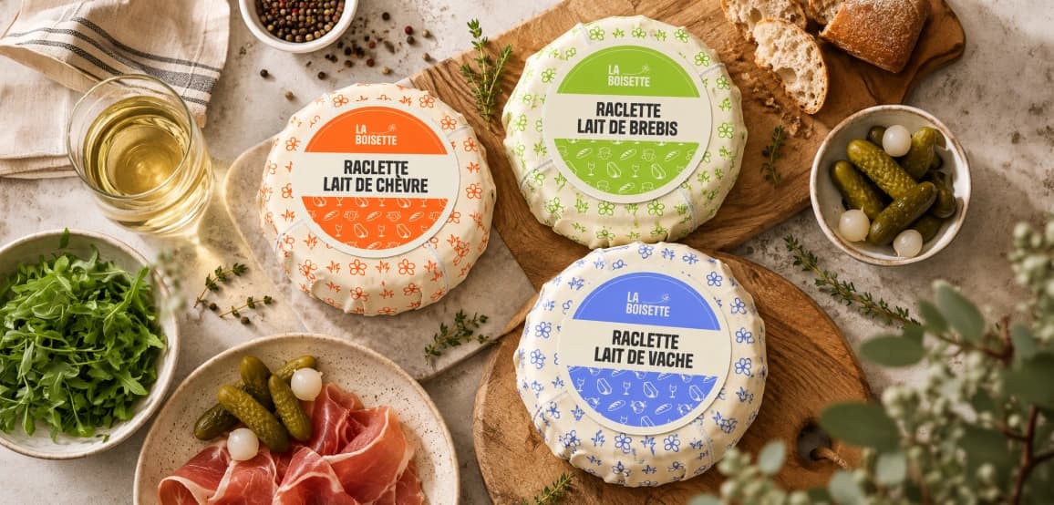Fromages à raclette La Boisette accompagnés de charcuterie, cornichons et herbes fraîches.