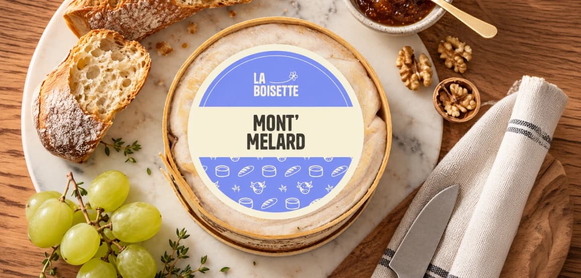Mont’Melard La Boisette sur un plateau avec raisin, pain et couteau.