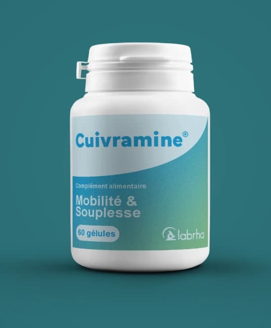 Étiquette Cuivramine Labrha : complément alimentaire Mobilité et Souplesse, 60 gélules, dégradé bleu et vert.