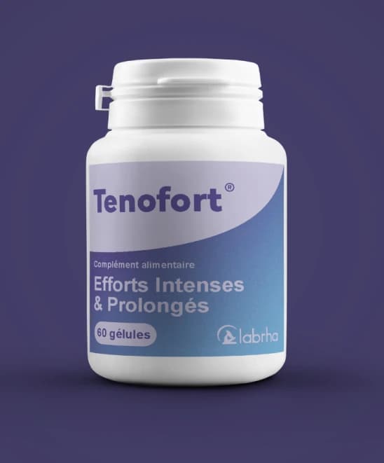 Étiquette Tenofort Labrha : complément alimentaire Efforts intenses et prolongés, 60 gélules, dégradé violet et bleu.